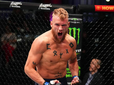 Robert Valentin reacts after his submission victory over Paddy McCorry in their middleweight fight during the filming of The Ultimate Fighter at UFC APEX on April 09, 2024 in Las Vegas, Nevada. (Photo by Chris Unger/Zuffa LLC)