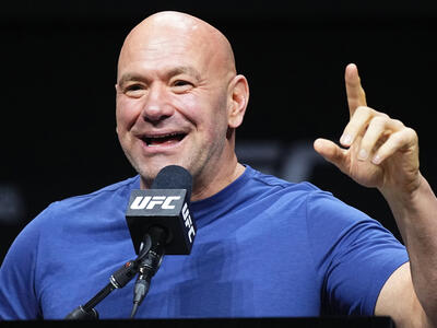 UFC CEO Dana White is seen on stage during the UFC 303 press conference at T-Mobile Arena on June 27, 2024 in Las Vegas, Nevada. (Photo by Jeff Bottari/Zuffa LLC)