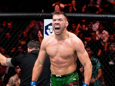 Dricus Du Plessis of South Africa reacts to the finish of his middleweight fight during the UFC 290 event at T-Mobile Arena on July 08, 2023 in Las Vegas, Nevada. (Photo by Jeff Bottari/Zuffa LLC)