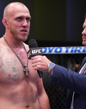 Serghei Spivac of Moldova reacts after a submission victory against Marcin Tybura of Poland in a heavyweight fight during the UFC Fight Night event at UFC APEX on August 10, 2024 in Las Vegas, Nevada. (Photo by Al Powers/Zuffa LLC)