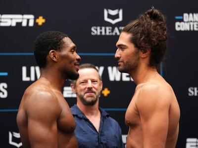 Mansur Abdul-Malik and Wes Schultz face off during the DWCS Season 8, Week 1 weigh-in at Palace Station Hotel & Casino on August 12, 2024. (Photo by Chris Unger/Zuffa LLC)