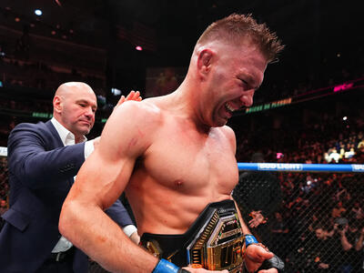 Dricus Du Plessis of South Africa reacts after his victory against Sean Strickland in a UFC middleweight championship bout during the UFC 297 event at Scotiabank Arena on January 20, 2024 in Toronto, Ontario. (Photo by Jeff Bottari/Zuffa LLC)