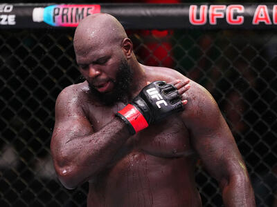 Jairzinho Rozenstruik of Suriname reacts after his victory against Shamil Gaziev of Russia in a heavyweight bout during the UFC Fight Night event at UFC APEX on March 02, 2024 in Las Vegas, Nevada. (Photo by Jeff Bottari/Zuffa LLC)