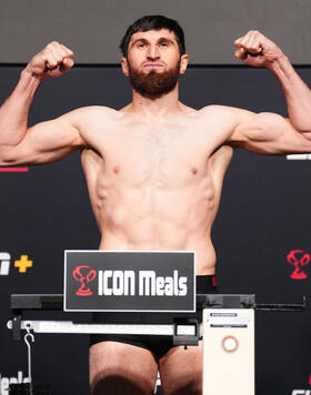 Magomed Ankalaev of Russia poses on the scale at UFC APEX on January 12, 2024 in Las Vegas, Nevada. (Photo by Chris Unger/Zuffa LLC)