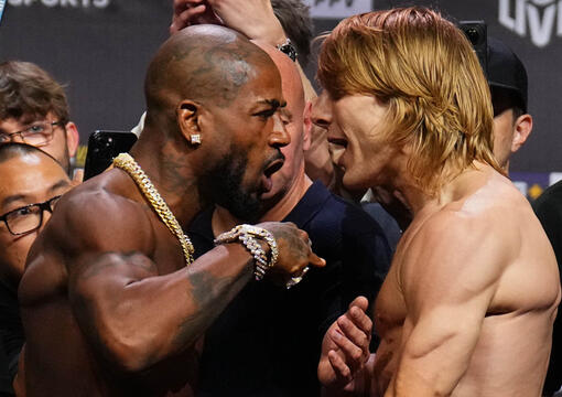 Opponents King Green and Paddy Pimblett of England face off during the UFC 304 ceremonial weigh-in at Co-op Live on July 26, 2024 in Manchester, England. 