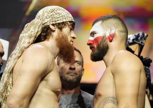 Opponents Shara Magomedov of Russia and Michal Oleksiejczuk of Poland face off during the UFC Fight Night ceremonial weigh-in at Etihad Arena on August 02, 2024 in Abu Dhabi, United Arab Emirates. 
