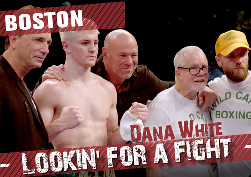 Dana White poses with Callum Walsh and Freddie Roach in Boston